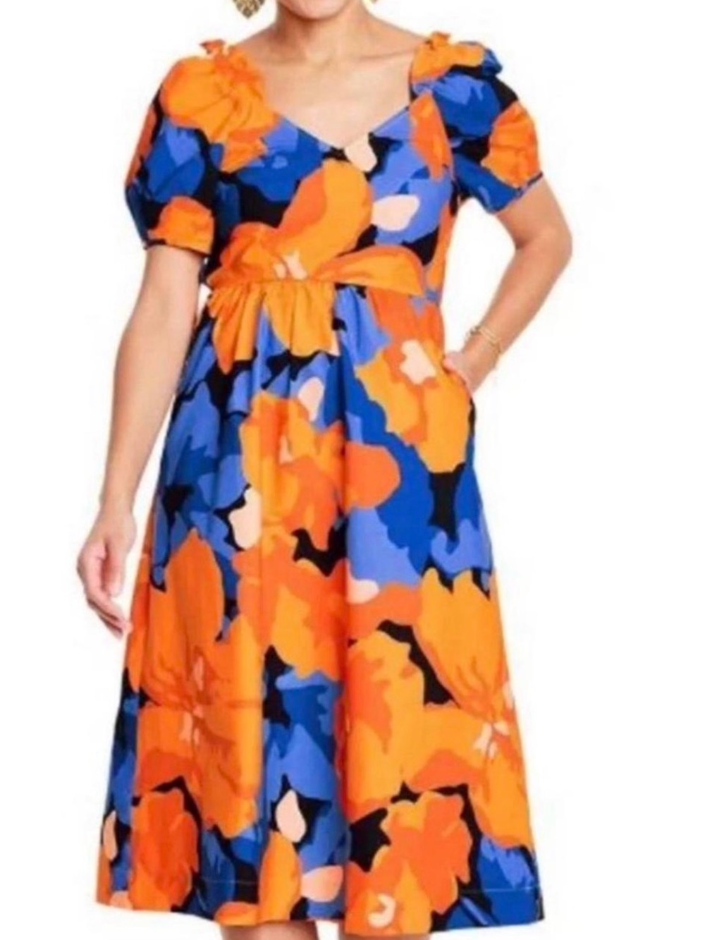 Orange and blue floral midi dress with bow detail